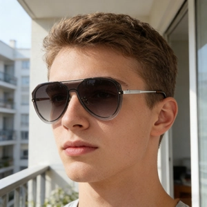 Detail of aviator sunglasses with grey gradient lenses and silver metal temples