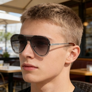 Detail of aviator sunglasses with metal temples and gradient lenses on male model