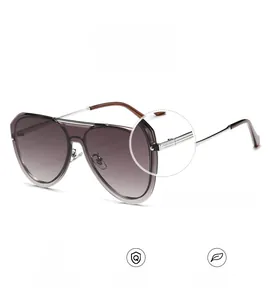Close-up of silver aviator sunglasses featuring gradient lenses and reinforced metal hinges