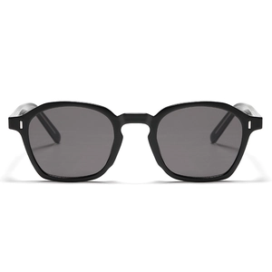 Classic square black sunglasses with dark grey lenses and silver metal temple accents