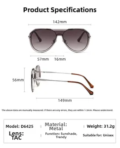 Detailed size chart for aviator sunglasses showing 142mm width and metal frame specs