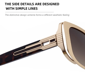 Details quadratischer Sonnenbrille mit goldenen Metallscharnieren und feinen Linien