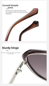 Detail of sturdy metal hinges and amber curved anti-slip temples on pilot sunglasses