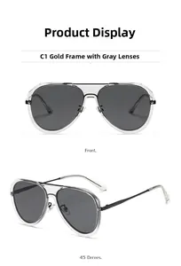 Front and 45-degree macro views of gold aviator sunglasses with gradient grey lenses