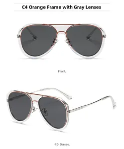 Detail view of pilot sunglasses featuring orange frames, grey lenses, and metal temples