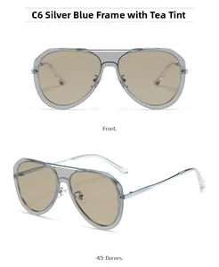 Detail view of C6 aviator sunglasses with silver-blue frames and brown tinted lenses