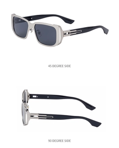 Detaillierte 45 und 90 Grad Seitenansichten der quadratischen Sonnenbrille mit Metallbügeln