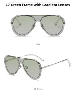 Detail view of model C7 pilot sunglasses featuring green frames and gradient lenses