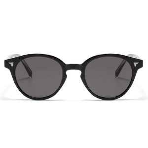 Retro black full-rim oval sunglasses with silver wing accents on white background