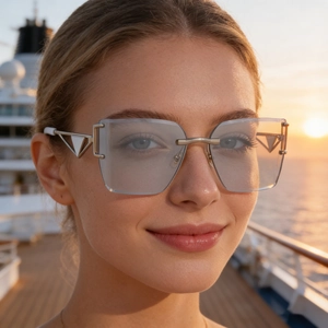 Close-up of frameless square sunglasses with hollow gold metal temples and grey lenses