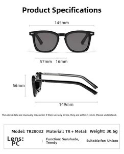 Spécifications de lunettes de soleil carrées TR28032 avec dimensions et poids du cadre