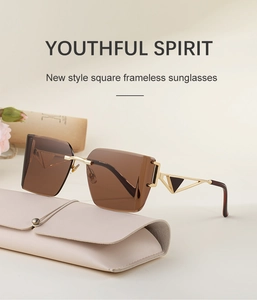 Detail of rimless brown sunglasses with hollow golden triangle metal temples on a leather case