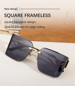 Detail of square rimless sunglasses with gradient lenses and gold metal temples