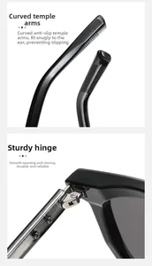 Vue détaillée de lunettes carrées avec branches antidérapantes et charnières métalliques