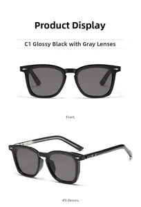 Vues de face et à 45 degrés de lunettes de soleil noires à monture carrée