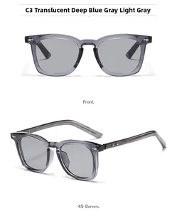 Vues de face et à 45 degrés de lunettes de soleil carrées en acétate gris avec rivets