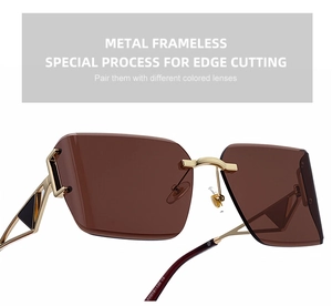 Close-up of rimless sunglasses with cut-edge lenses and geometric hollow metal temples