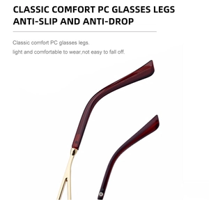 Detailed view of red PC temples with gold hollow metal arms for rimless sunglasses