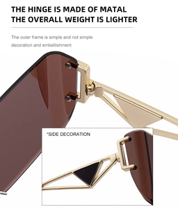 Detail of rimless sunglasses featuring gold metal hinges and hollow triangular temple design