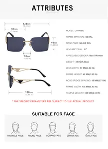 Size chart showing frame dimensions and weight for rimless geometric fashion sunglasses
