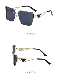 Detail view of gold metal temples with triangle pattern on rimless square sunglasses
