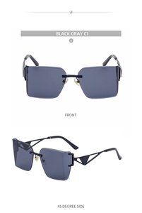 Detail of rimless square sunglasses with triangle hollow metal temples in black gray