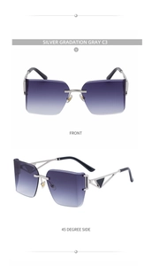 Front and side views of rimless sunglasses with gradient lenses and triangle hollow detail