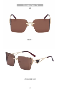 Front and side view of gold brown rimless oversized square sunglasses with metal details