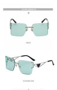 Front and 45-degree side view of rimless silver green sunglasses with triangle detail