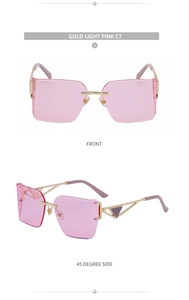 Detail view of gold rimless square sunglasses with pink lenses and triangular cutouts