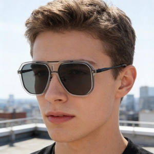 Men's square aviator sunglasses with transparent grey double bridge frame and dark lenses
