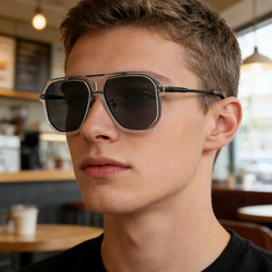 Modern pilot sunglasses with transparent frames and black metal temples worn by a male model
