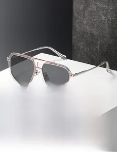 Detail of square frame sunglasses with double bridge and silver metal temples
