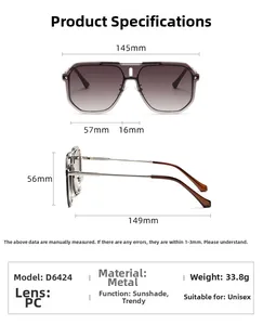 Detailed size chart for square frame aviator sunglasses showing 145mm total width and specs