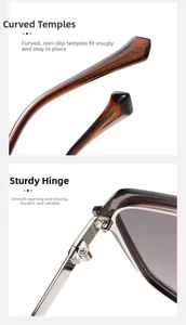 Close-up of anti-slip curved temples and sturdy metal hinges on square sunglasses