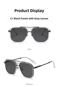 Detail view of square double-bridge sunglasses with black frames and grey lenses C1