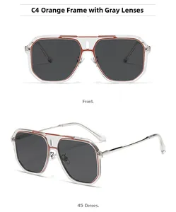 Detail view of square pilot sunglasses with orange double bridge and grey lenses