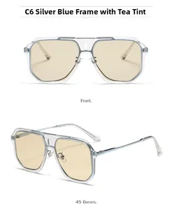 Detail view of square aviator sunglasses with silver-blue frame and tea lenses at 45 degrees