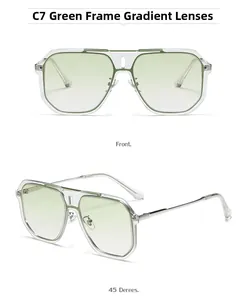 Detail of square pilot sunglasses with green frame and gradient lenses from two angles