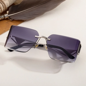 2025 trendy rimless square sunglasses with purple gradient lenses and silver metal frames