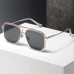 Modern square aviator sunglasses with transparent red frames and metal temples for men