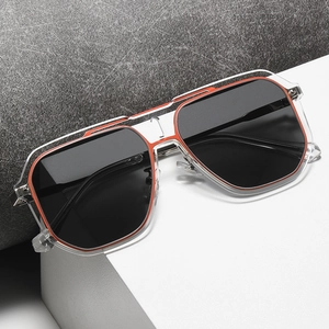 Fashionable square frame sunglasses with transparent orange double bridge for men