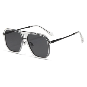 Modern square double bridge sunglasses with transparent grey frame and dark lenses