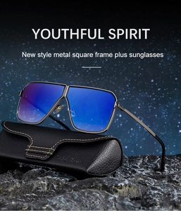 Detail of square metal sunglasses with gradient lenses on a black leather case