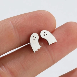 Minimalist silver ghost stud earrings in brushed metal finish for Halloween fashion