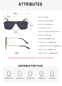 Detailed size chart for square metal aviator sunglasses with precise frame measurements