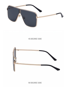 Detail view showing 45 and 90 degree side profiles of square metal frame sunglasses