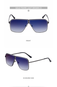 Detailed front and side views of gold frame square sunglasses with gradient blue lenses