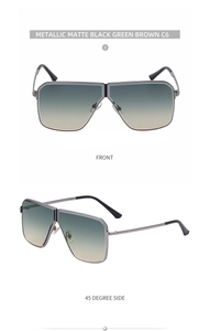 Detailed front and side views of matte black square metal sunglasses with green brown lenses