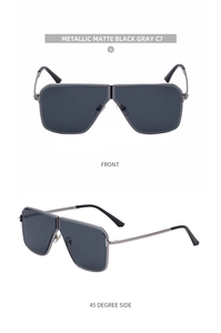 Detailed front and side view of square matte black metallic frame sunglasses with gray lenses